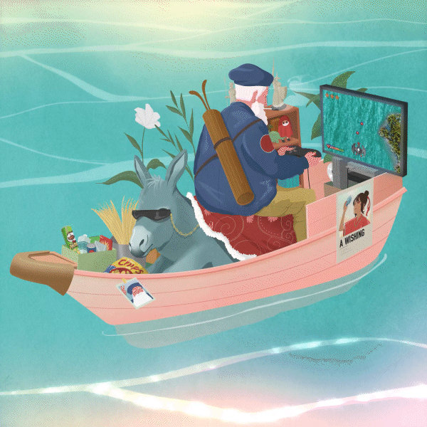 A person in a boat playing a video game with a television and various items around, including a donkey wearing sunglasses, food, and plants.