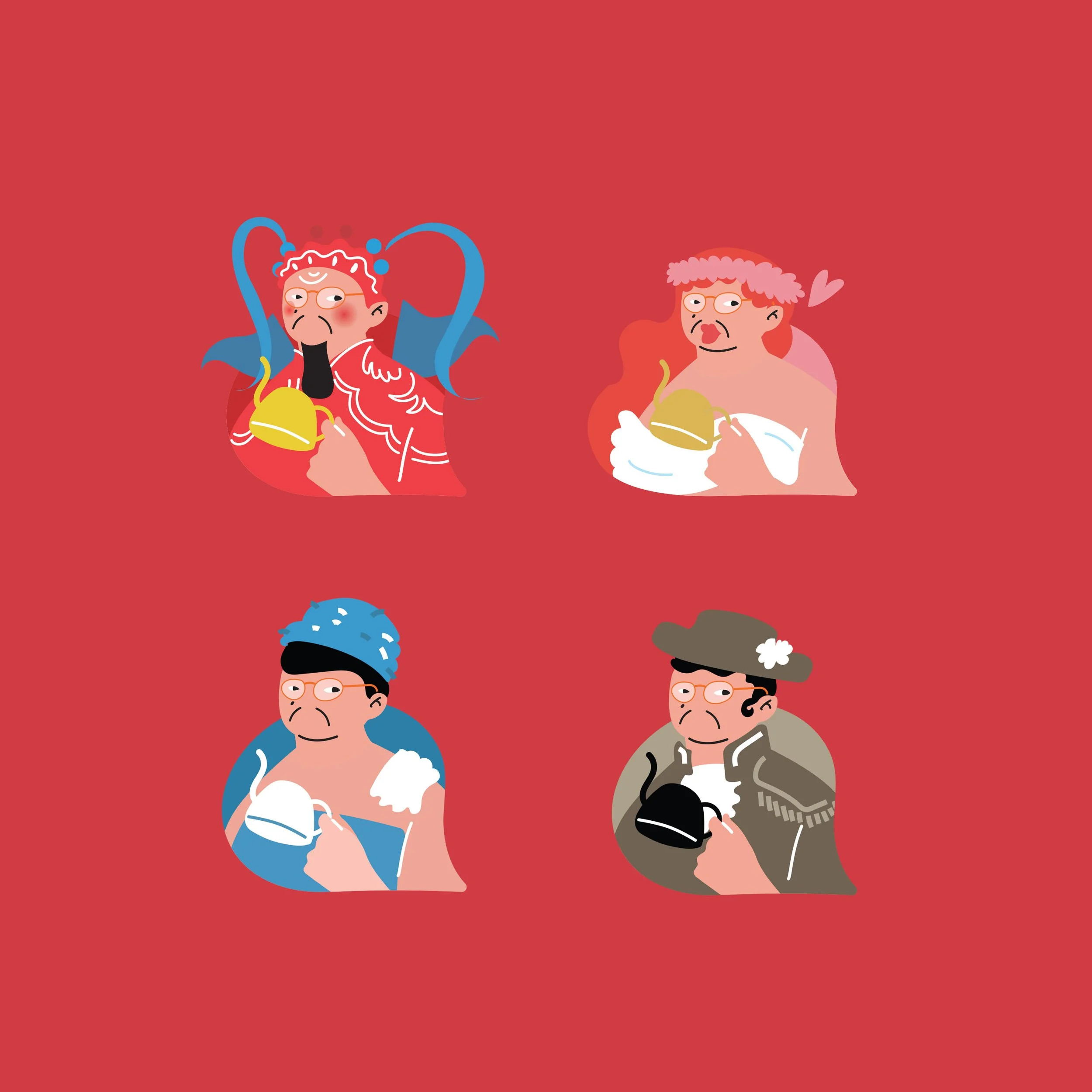 Four cartoon characters dressed as different iconic figures, each holding a yellow teapot, against a red background.