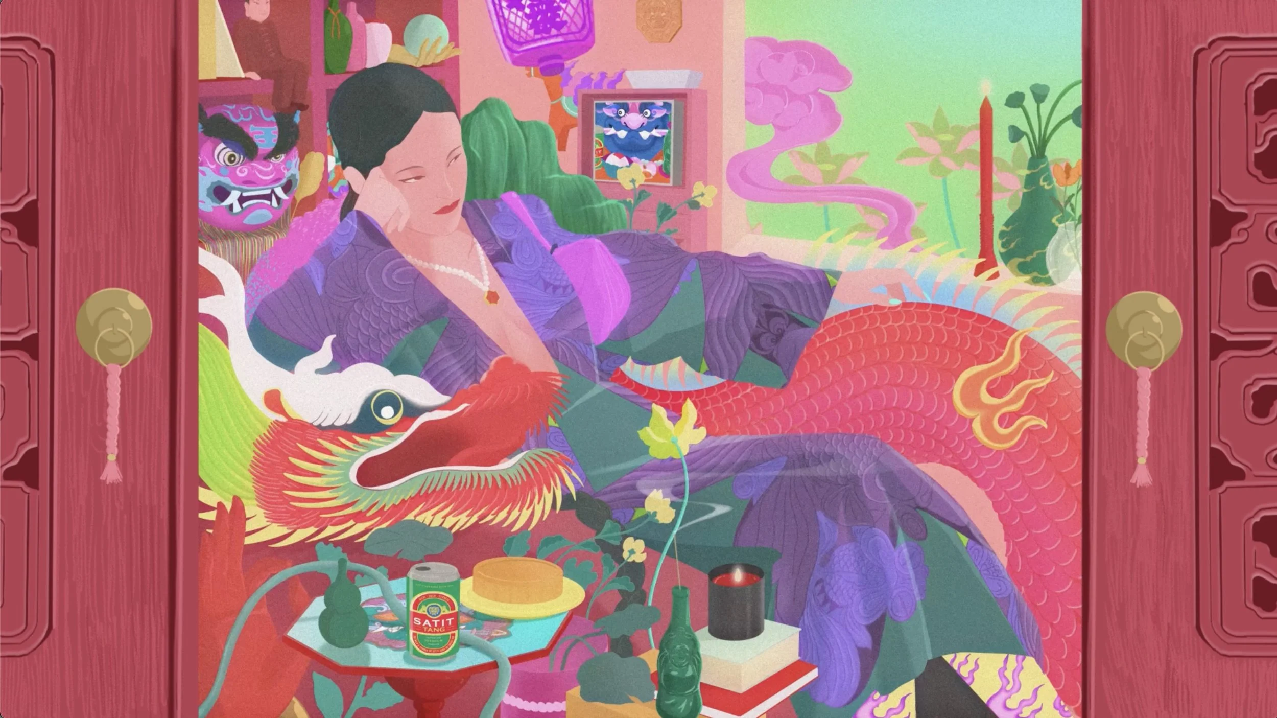 A colorful illustration of a woman reclining on a sofa surrounded by vibrant decorations and plants. There are Asian-inspired elements including a dragon and figures, with various plants, books, candles, and a framed picture on the wall.