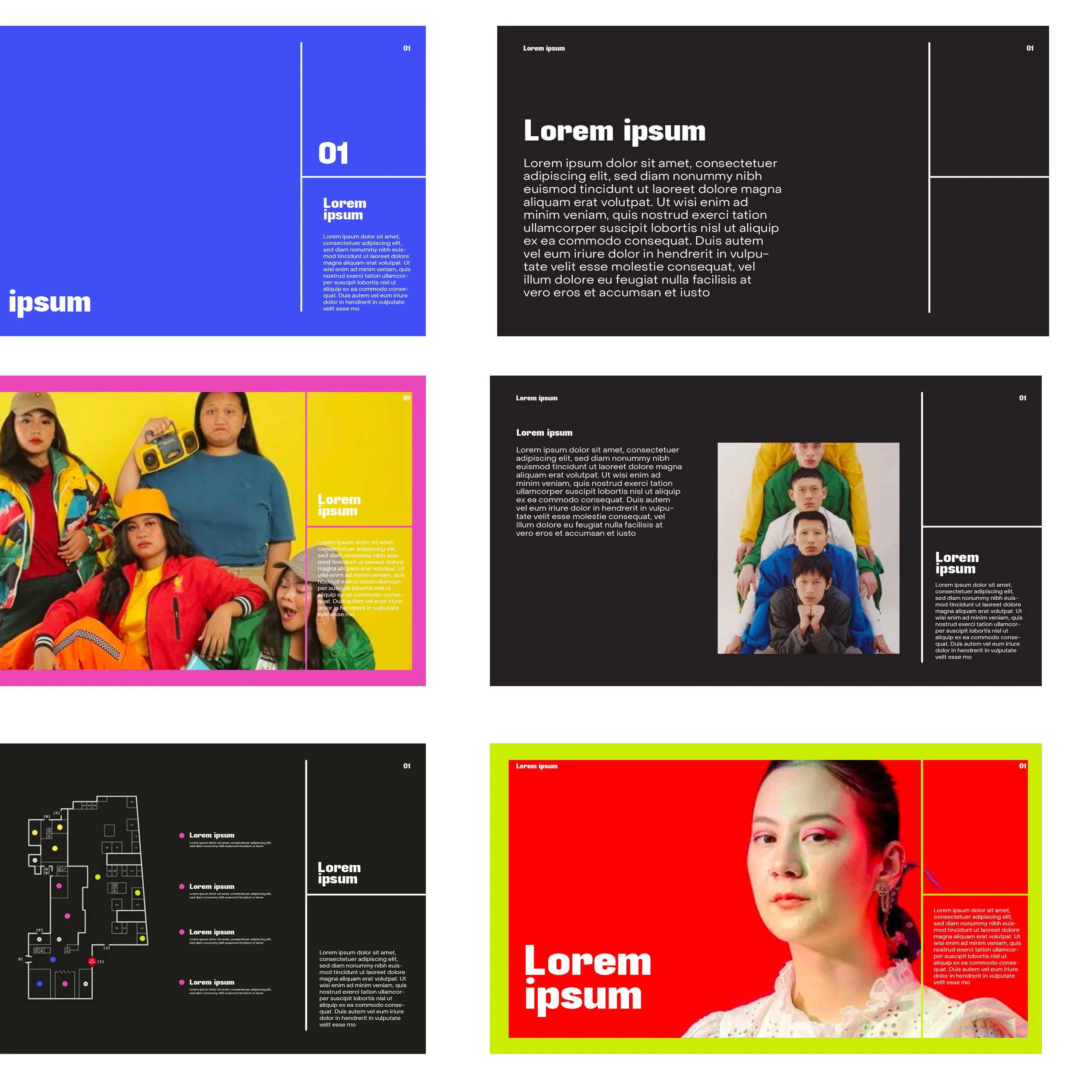 A collage of seven different magazine or brochure pages, featuring colorful layouts with text, images of people, a floor plan diagram, and blocks of placeholder text.