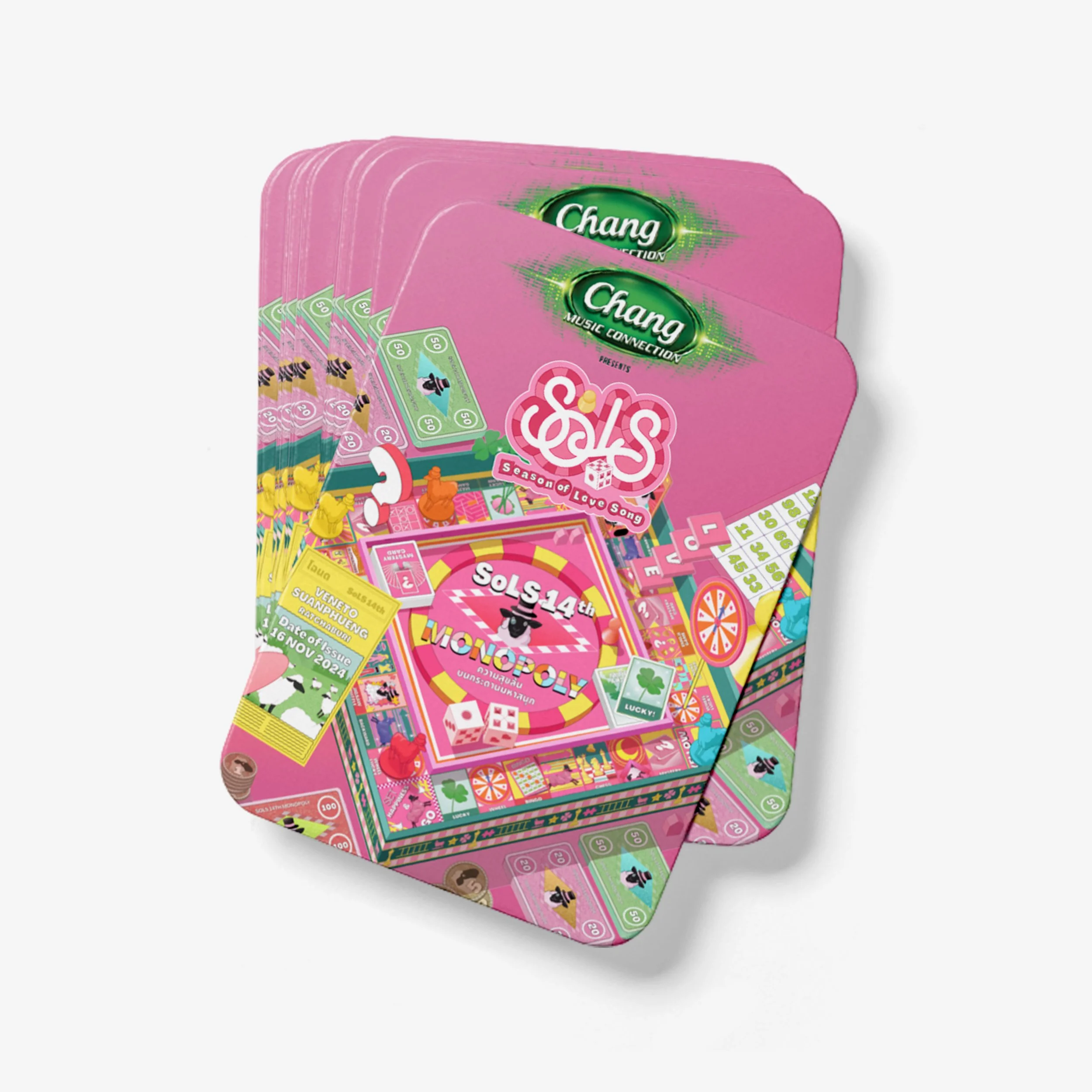 Three colorful board game boxes titled 'Season of Love Song' decorated with pink, yellow, and green elements, featuring game components like cards, dice, and tokens.