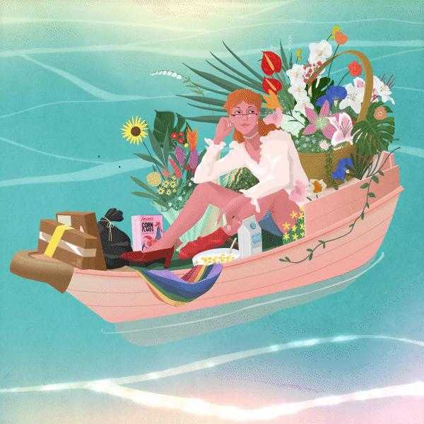 A woman sitting in a small pink boat filled with flowers, surrounded by packages, food, and a drink, floating on water.