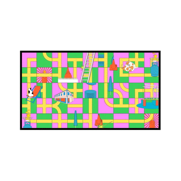 Colorful board game with a maze, featuring paths, trees, a cow on a seesaw, a rocket, and various game pieces.