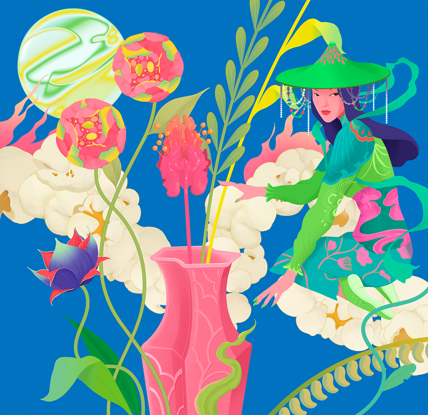 Illustration of a woman in a green and blue traditional Asian outfit and hat, sitting among colorful flowers and clouds with a blue background.
