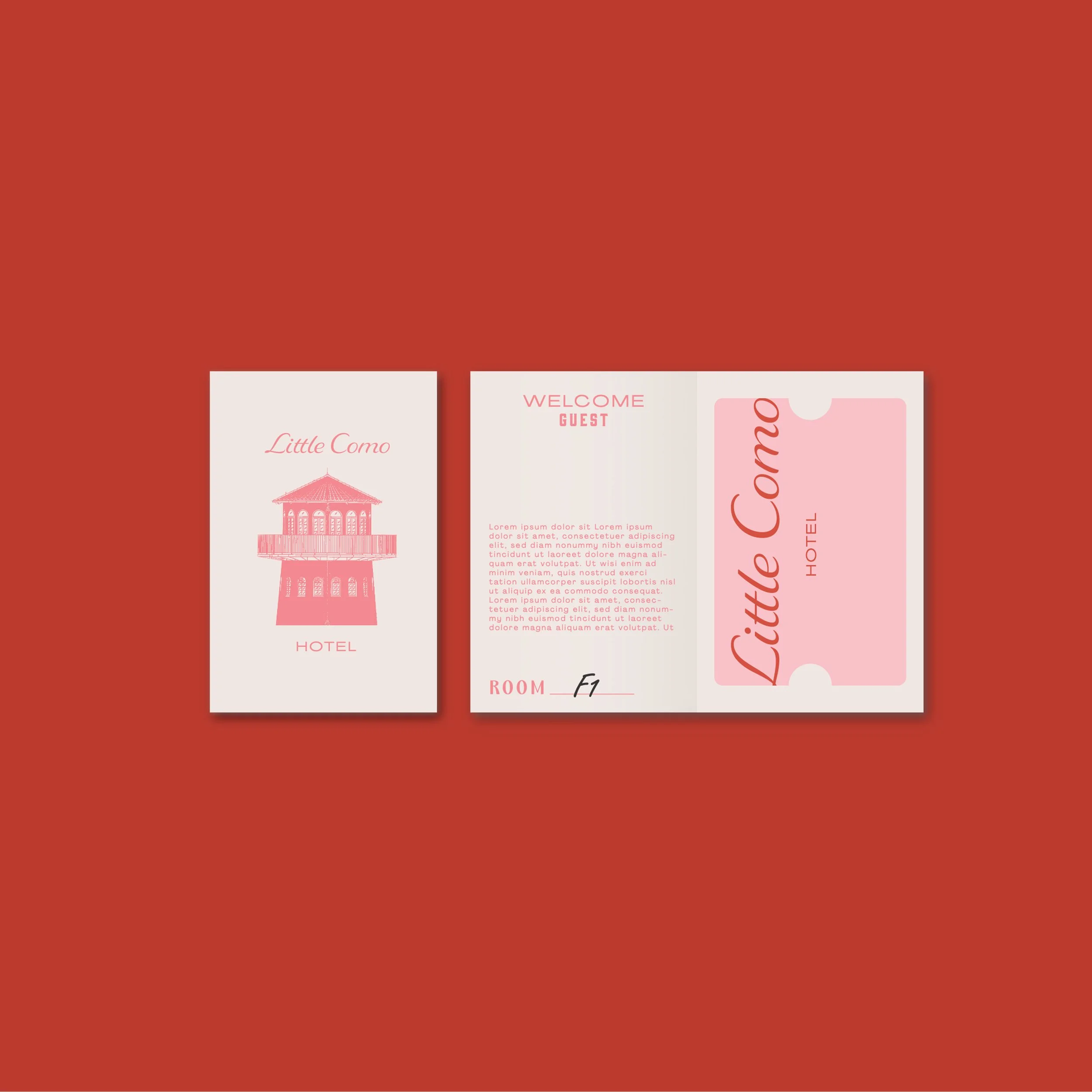 Triptych of hotel-themed prints featuring a pink lighthouse illustration on a beige background, a welcome card for a guest with pink text, and a pink and beige ticket or boarding pass for Little Como Hotel on a red background.