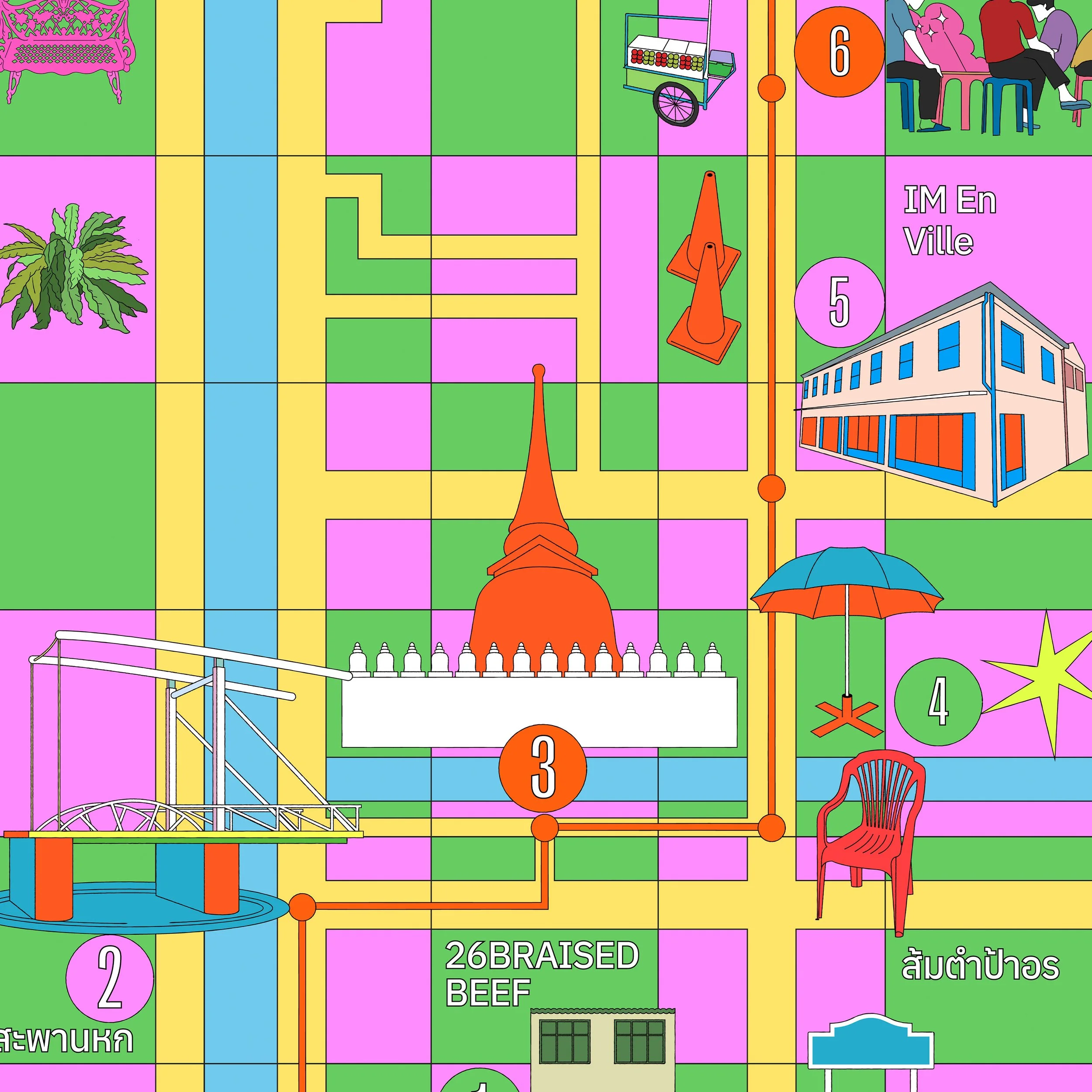 Colorful illustrated map featuring various landmarks and objects, including a playground ride, river, temple spire, benches, street signs, a building, an umbrella with a chair, a star, and a food stand, with numbered circles, some text, and a pink background.