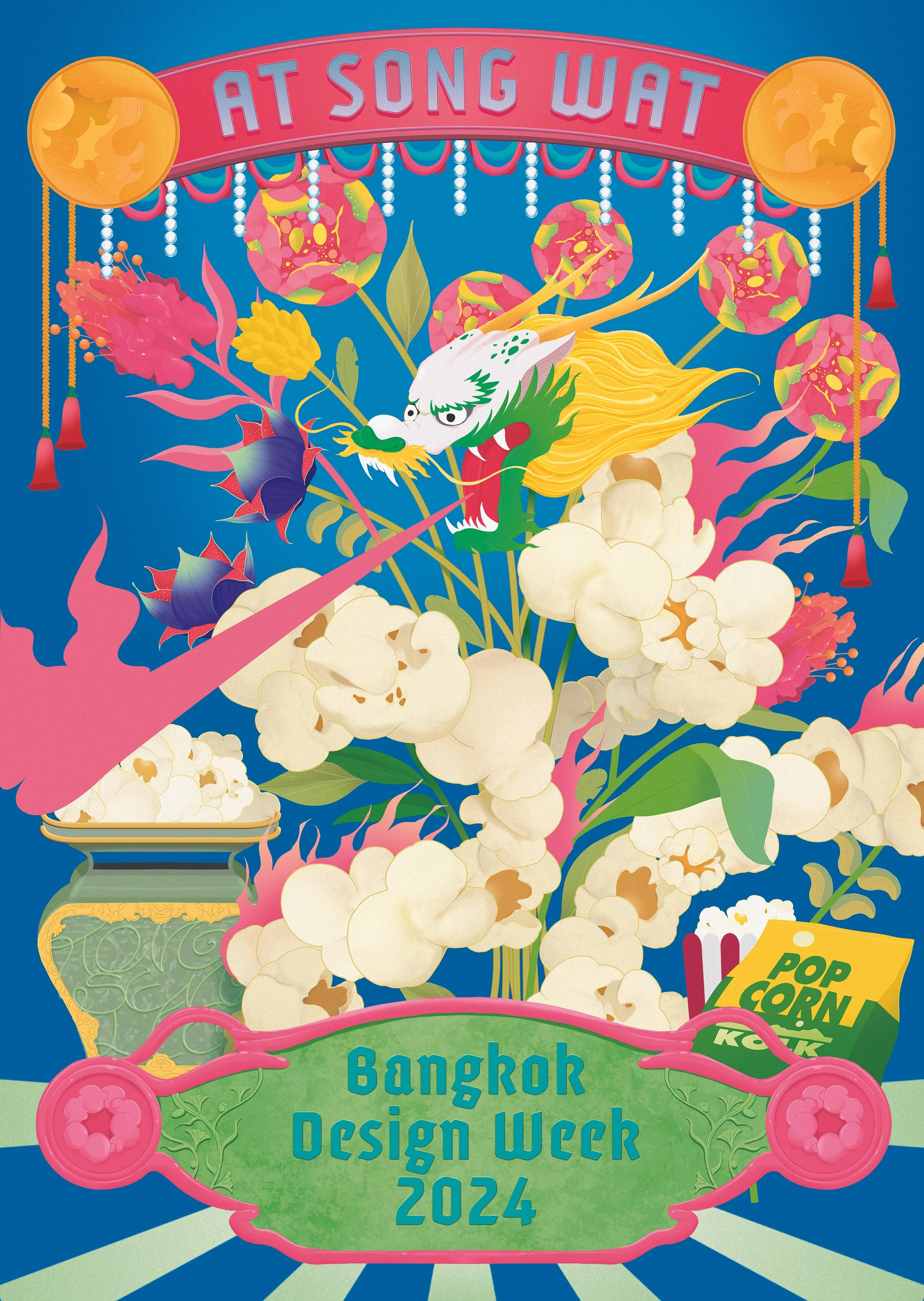Bright illustration promoting Bangkok Design Week 2024 with a colorful mythical dragon, large popcorn, and a sign that reads 'Bangkok Design Week 2024'. The top banner says 'At Song Wat' with decorative moons and hanging tassels.