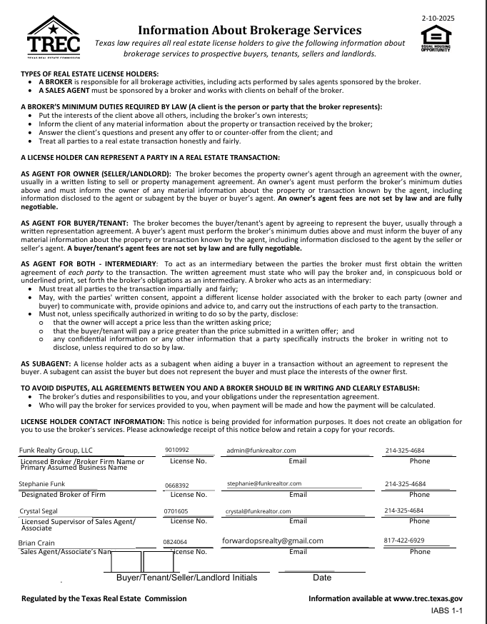 Form titled 'Information About Brokerage Services' from TREC outlining responsibilities and disclosure requirements for real estate license holders, including client duties, party representation, and signatures.