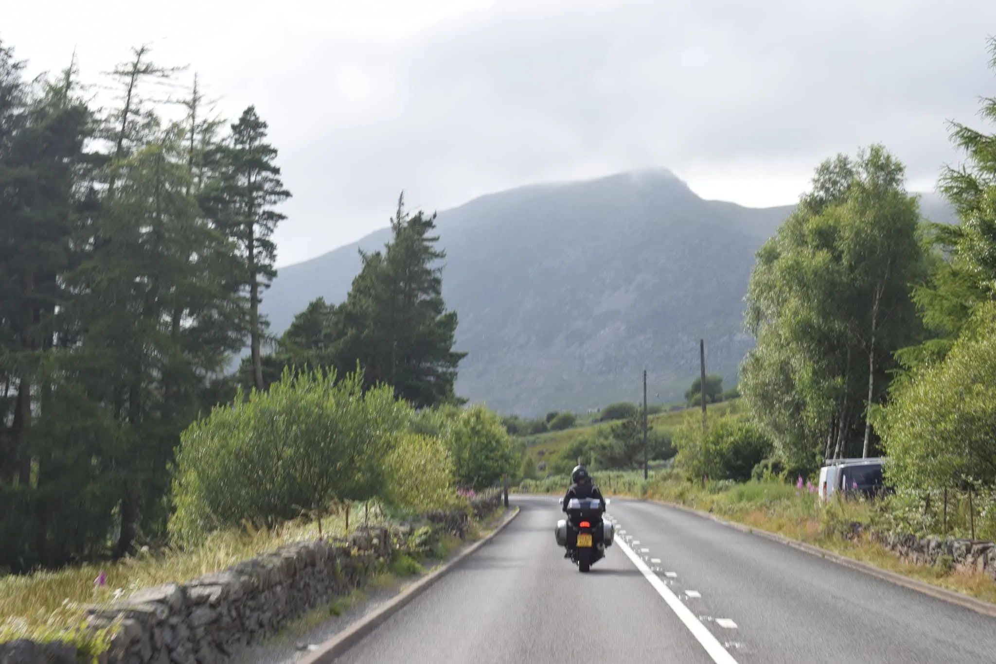 A motorcycle riding on a winding rural road surrounded by green trees, with mountains in the background under a cloudy sky