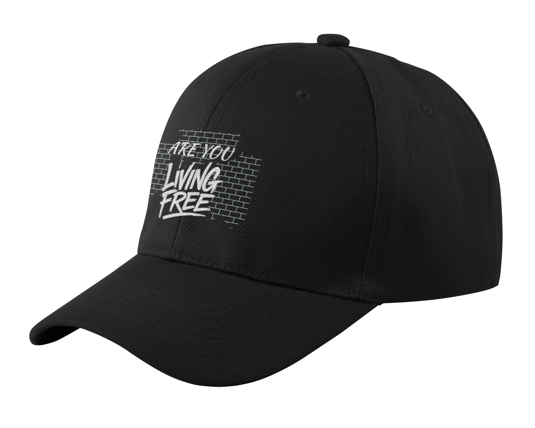 Black baseball cap with white text that reads 'Are you living free' and a graphic of a brick wall.