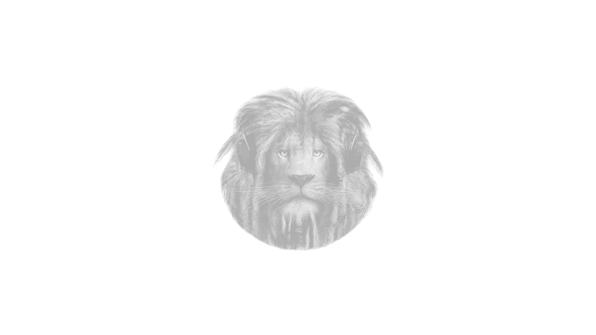 Black and white graphic of a lion's face with a mane, wearing headphones.