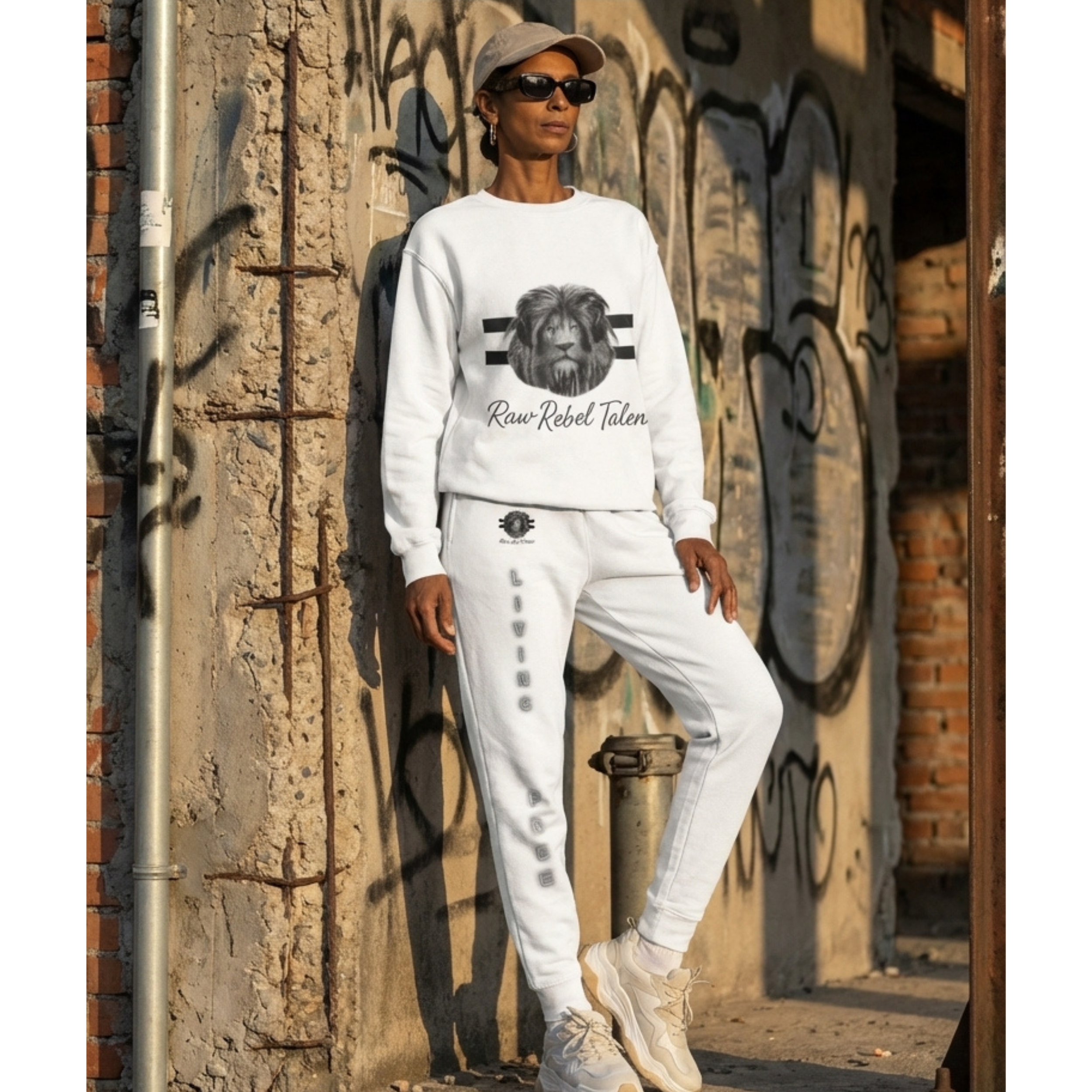 A woman wearing sunglasses, a beige cap, and a white sweatshirt and sweatpants with lion and text graphics is standing outdoors against a graffiti-covered wall.