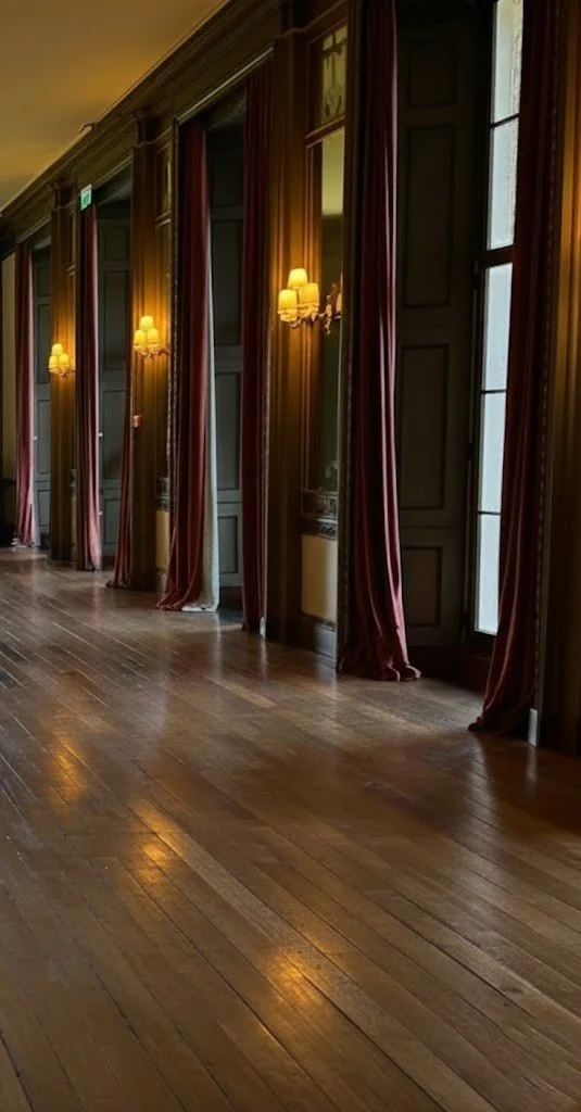 The Long Room: Interior of a grand hall with large windows, ornate wood paneling, and tall curtains along the walls. The polished hardwood floor reflects light from wall-mounted lamps.