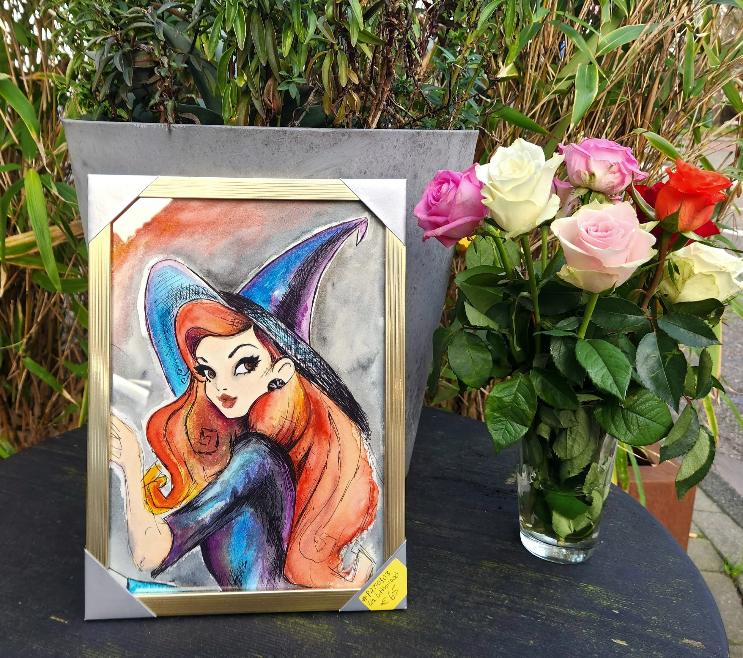 Framed Whimsical Witch Watercolor Painting