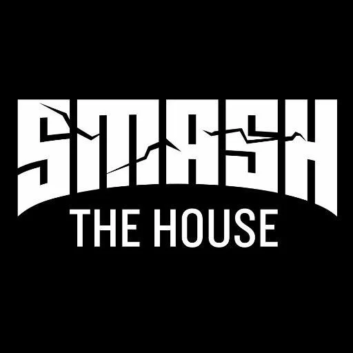 Logo with the words 'Sunset The House' in bold, stylized white font on a black background, with cracks running through the text.