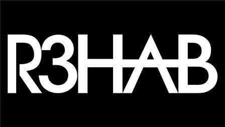 Stylized white text on a black background spelling 'R3HAB' with a mirrored effect on the '3HAB' portion.