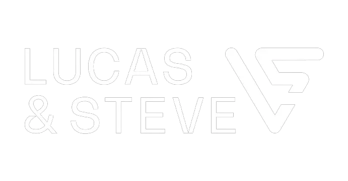 Logo with the text "LUCAS & STEVE" and an abstract lightning bolt symbol.
