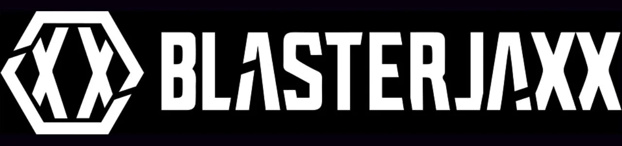 Black background with a white hexagon emblem containing stylized letters and the text 'BLASTERJAXX' beside it