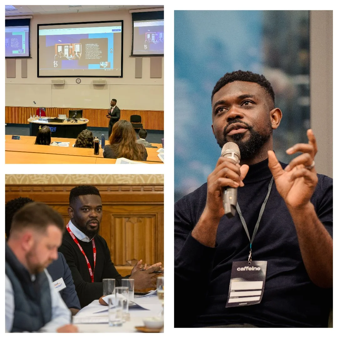 A collage of three images from a conference or seminar. The top left shows a presenter speaking in front of a large screen with PowerPoint slides, in a classroom setting with audience members. The bottom left shows a man with a beard and dark curly hair, wearing a black sweater with a conference lanyard, sitting at a table with others, looking at the camera. The right image shows a close-up of the same man holding a microphone and speaking, with a blurred background.