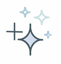 Several sparkling star icons in various sizes and shades of blue.