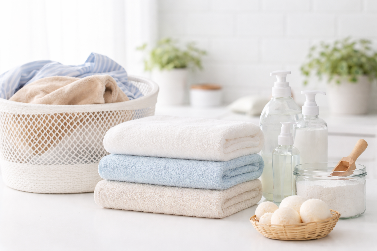 Stacked folded towels, laundry basket with clothes, bottles of liquid soap or sanitizer, bath sponge, and bath bombs on a white surface in a bright bathroom setting.