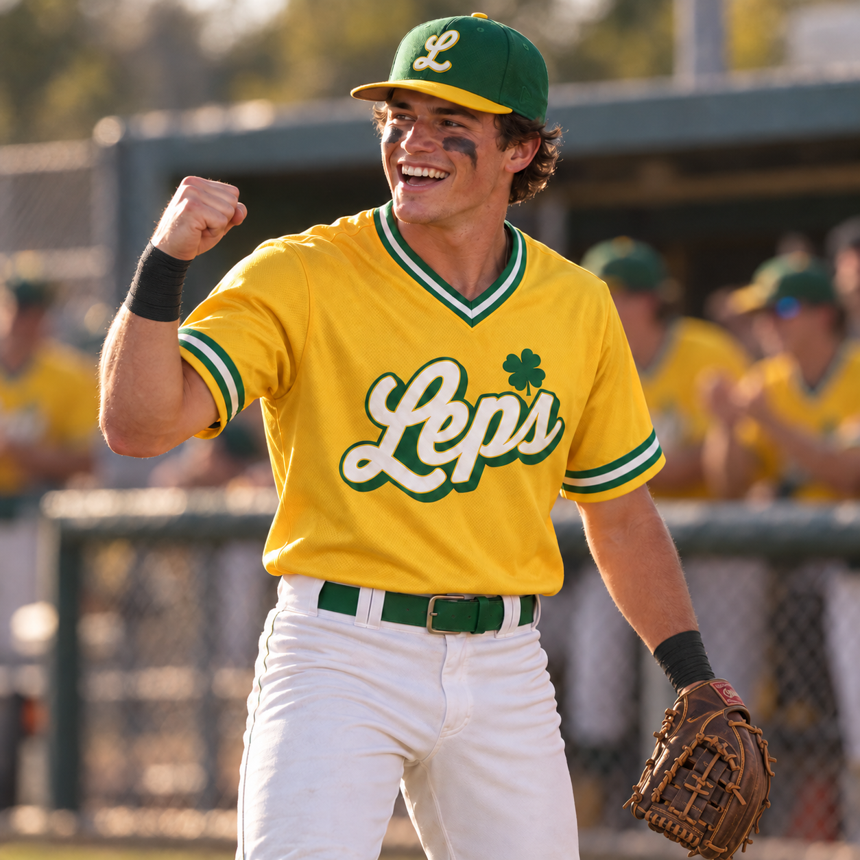 Baseball player wearing a custom yellow and green Leprechauns uniform.