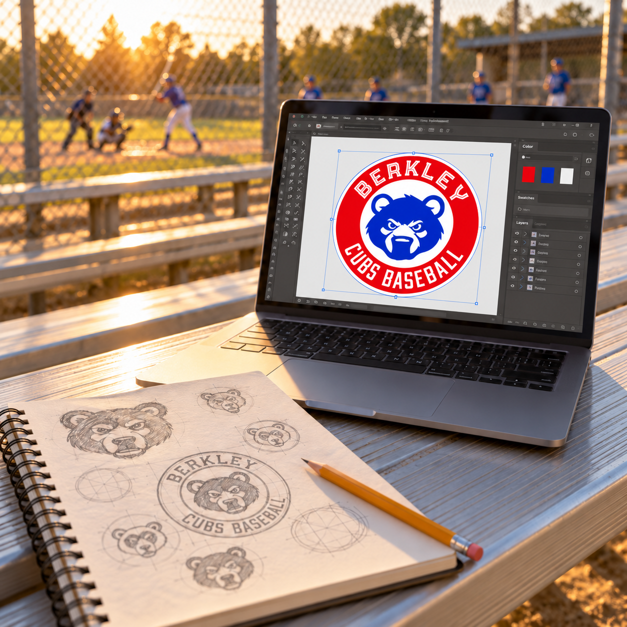 Team logo displayed on a laptop beside baseball branding sketches.