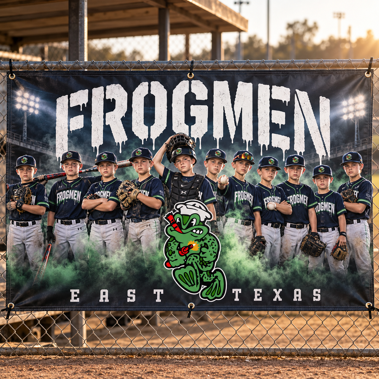 Custom East Texas Frogmen team banner hanging on a baseball field fence.