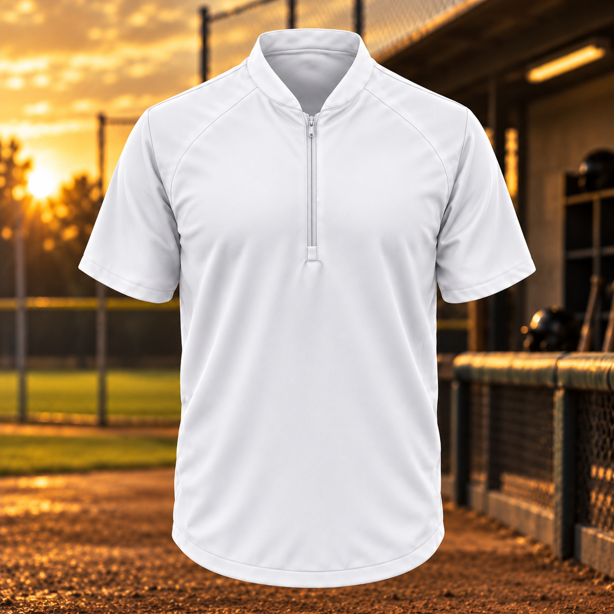 Custom short-sleeve quarter-zip baseball cage jacket with pockets.