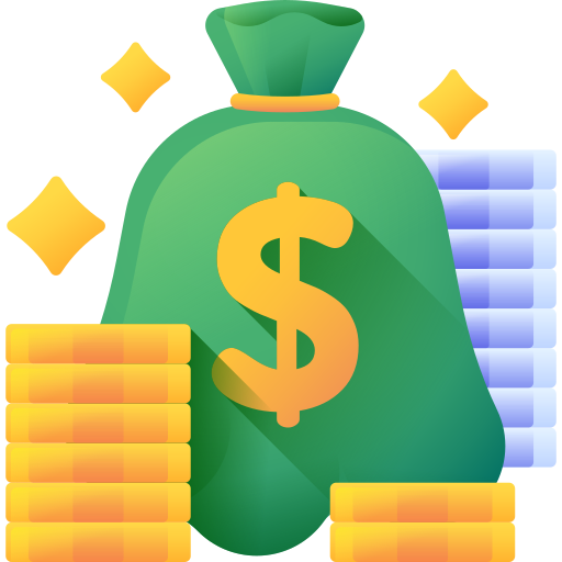 Digital illustration of a green money bag with a yellow dollar sign, surrounded by stacks of gold coins and upward-pointing yellow arrows.