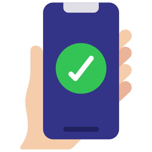 Hand holding smartphone with a green circle and white checkmark on the screen.