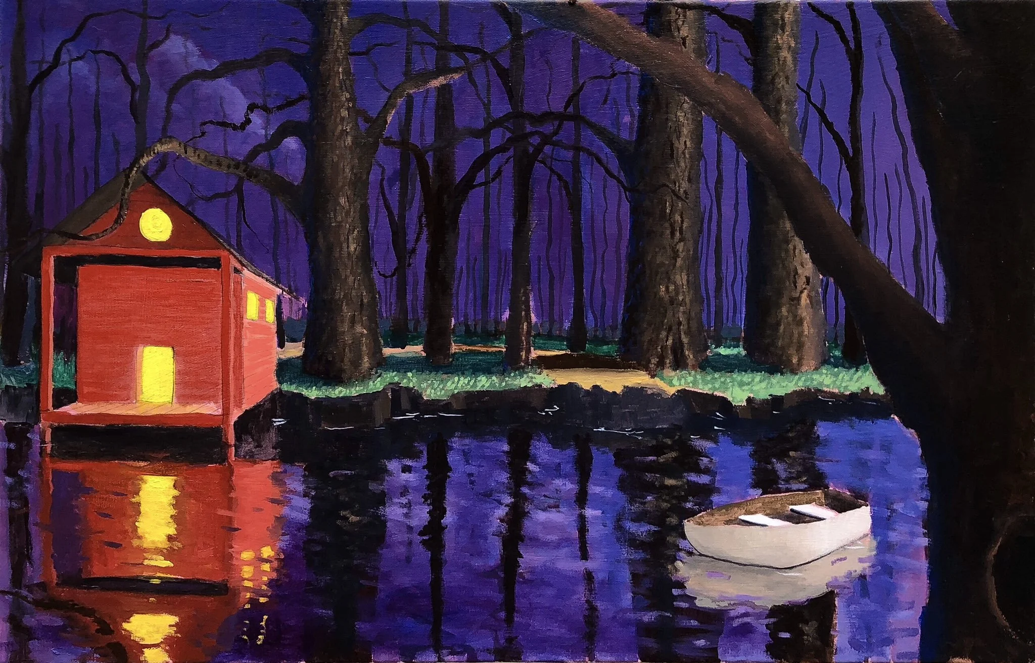 Red Cabin on Water, Oil on canvas