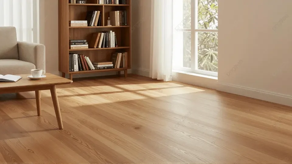 Salon intérieur avec un canapé beige, une table en bois avec une tasse et un livre, une étagère en bois avec des livres, un mur blanc, une grande fenêtre avec rideaux blancs et du parquet en bois clair.