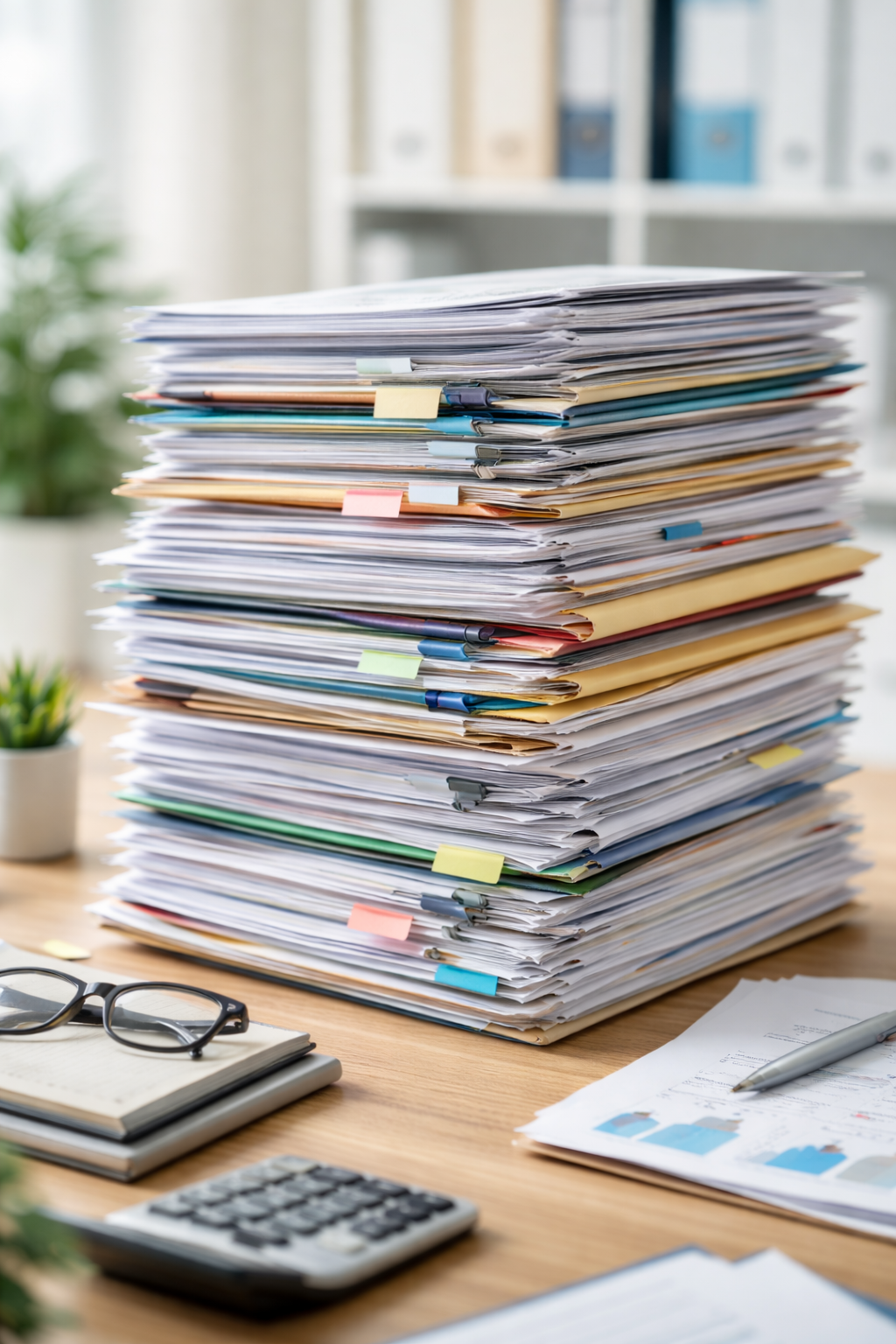Grand tas de documents et papiers empilés sur un bureau, avec des lunettes, un stylo, une calculatrice et un carnet autour.