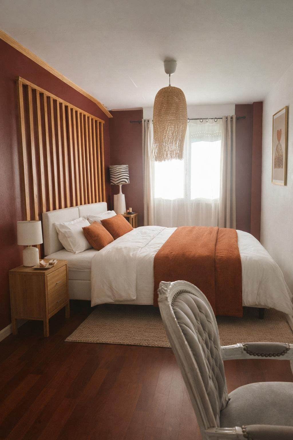 Chambre avec un lit blanc orné de coussins marron et une couverture marron, deux tables de nuit en bois avec lampes, un fauteuil beige en avant-plan, un mur en bois derrière le lit, une fenêtre avec rideaux blancs, une suspension en rotin au plafond, une lampe avec abat-jour zébré, une œuvre d'art encadrée sur le mur à droite.