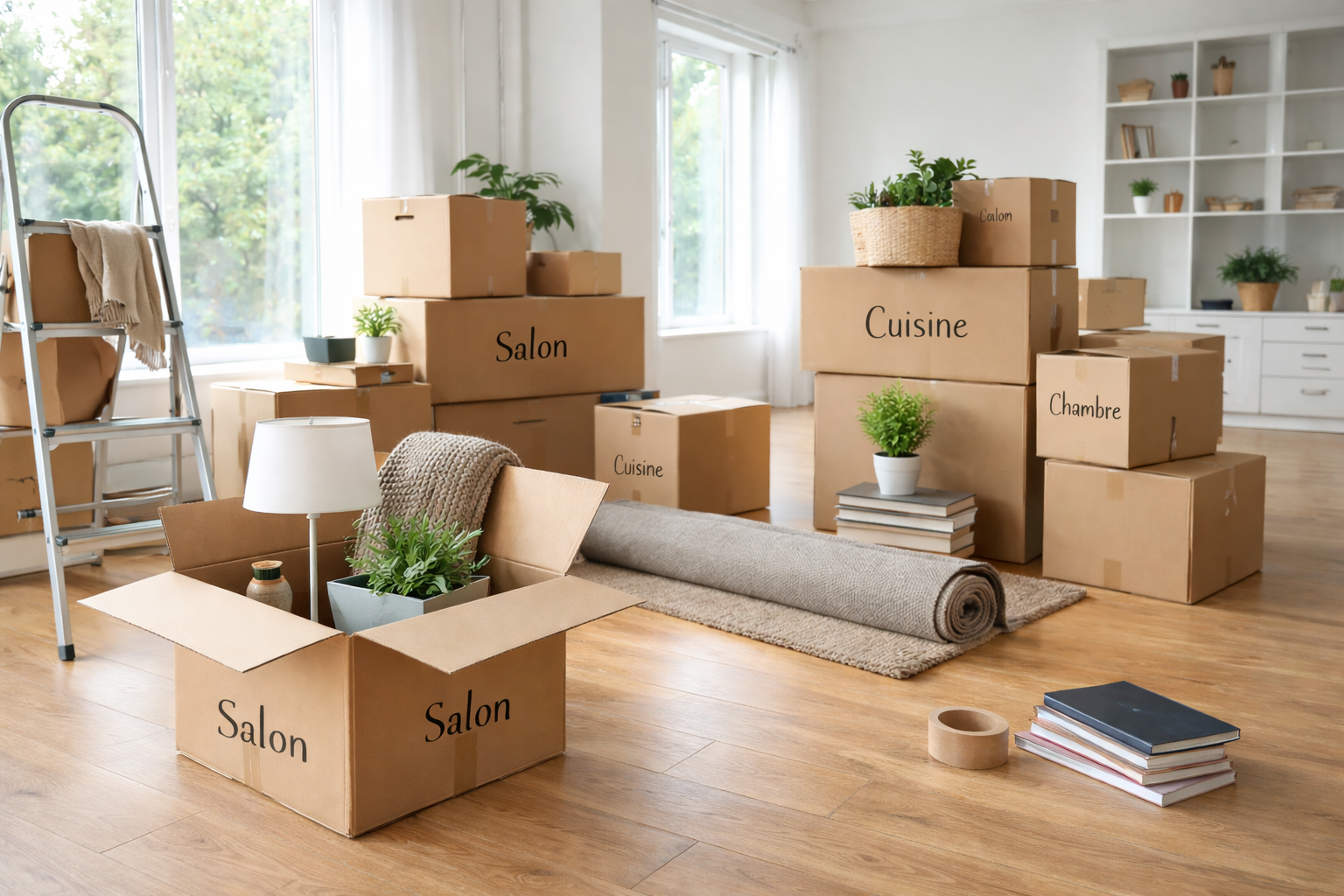 Une pièce vide remplie de boîtes en carton étiquetées avec des noms de pièces comme Salon, Cuisine, Chambre. Des plantes, une chaise, une lampe, un tapis enroulé, un escabeau avec un drap, et des livres sont visibles dans la pièce.