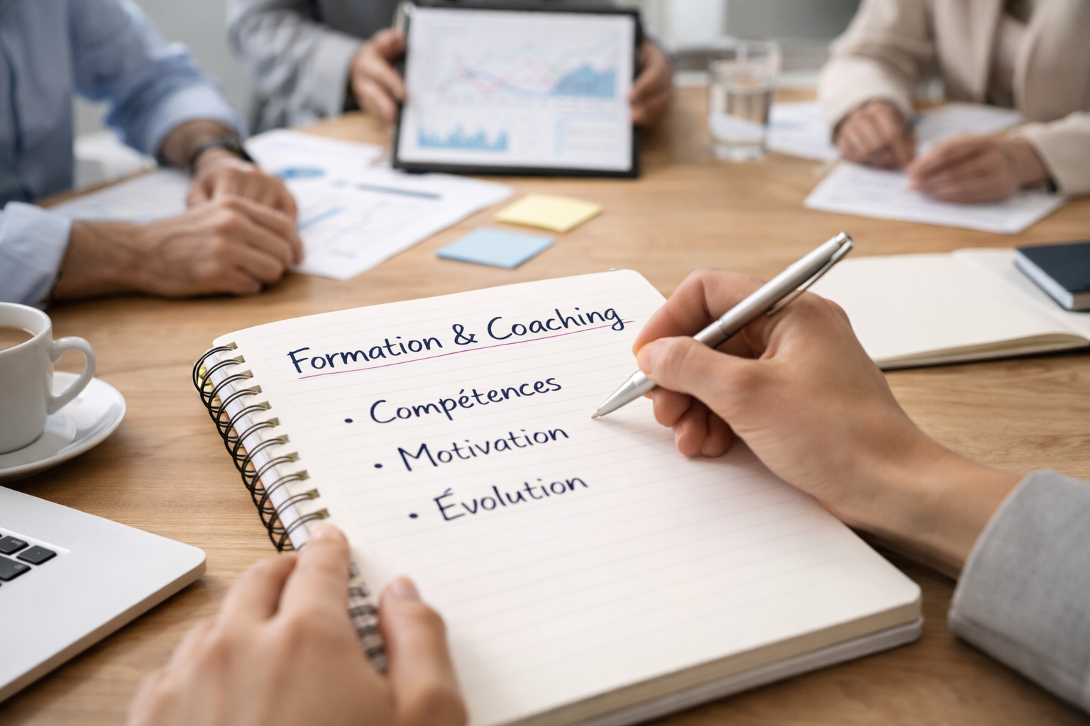 Une réunion de travail avec un tableau blanc et des documents, une personne écrit dans un carnet "Formation & Coaching" avec des points "Compétences, Motivation, Évaluation".