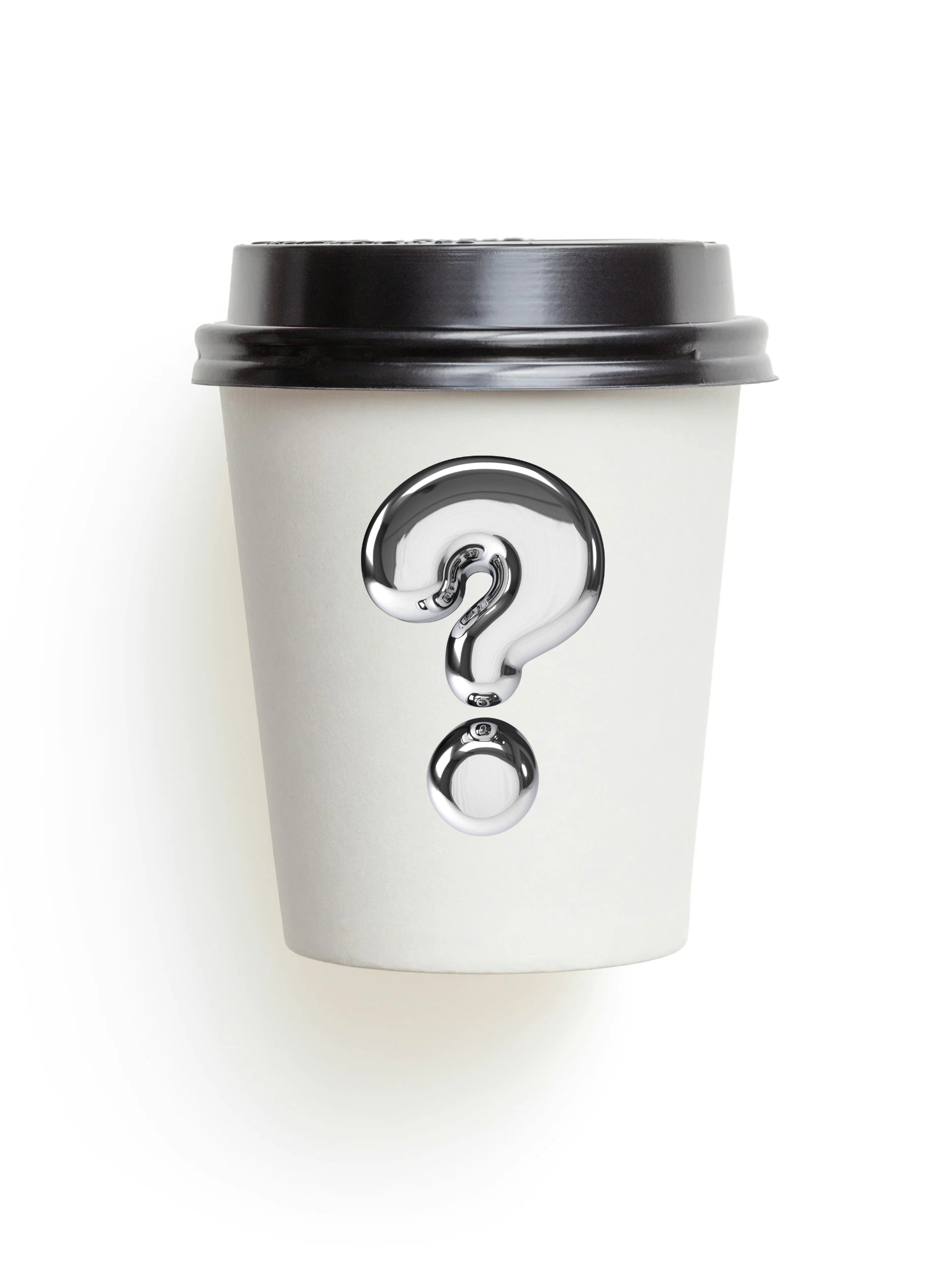 A white disposable coffee cup with a black lid, featuring a silver question mark on the front.