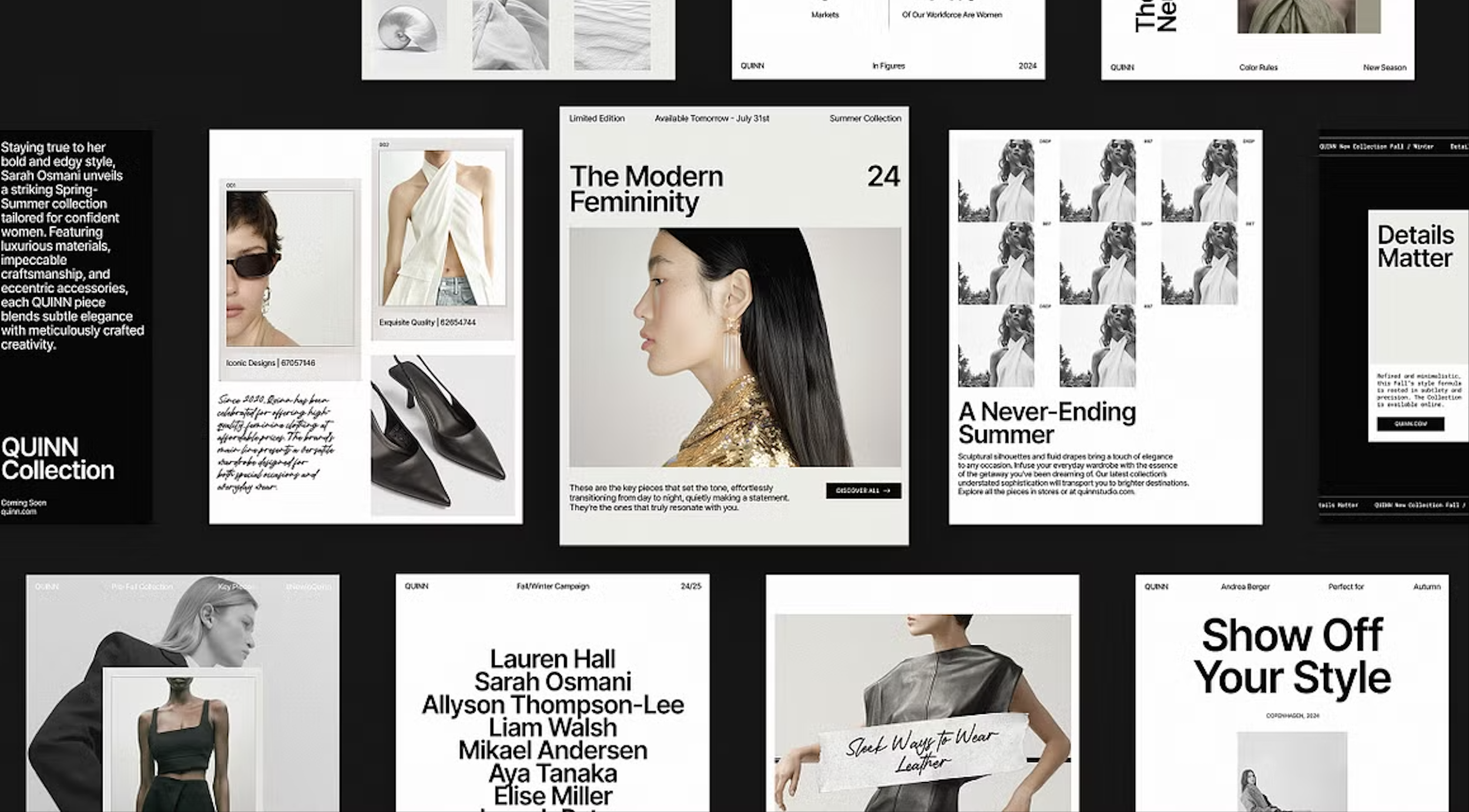 Collage of black and white and color fashion magazine pages featuring models, clothing, shoes, and text about fashion collections and style.