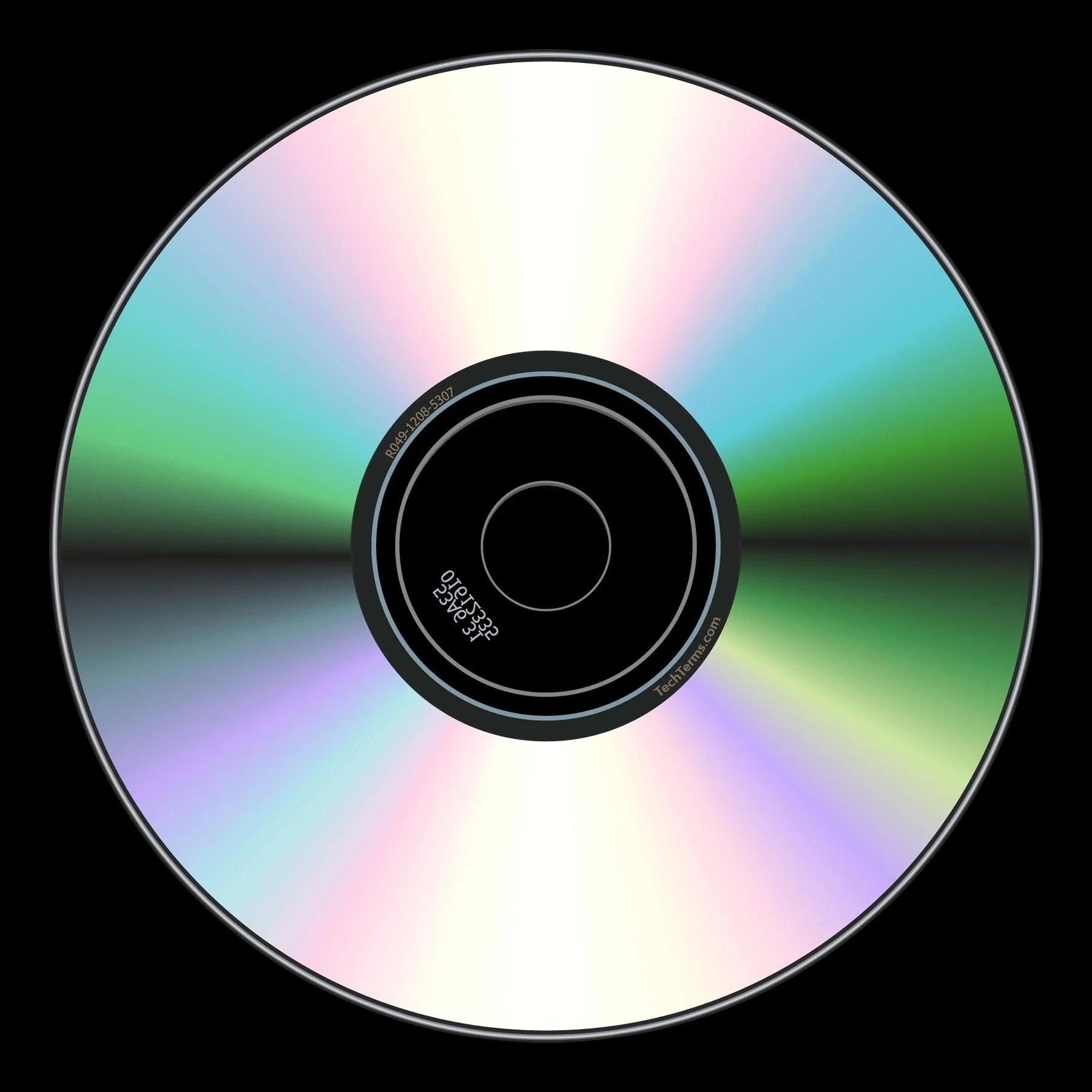 A compact disc with rainbow reflections on a black background.