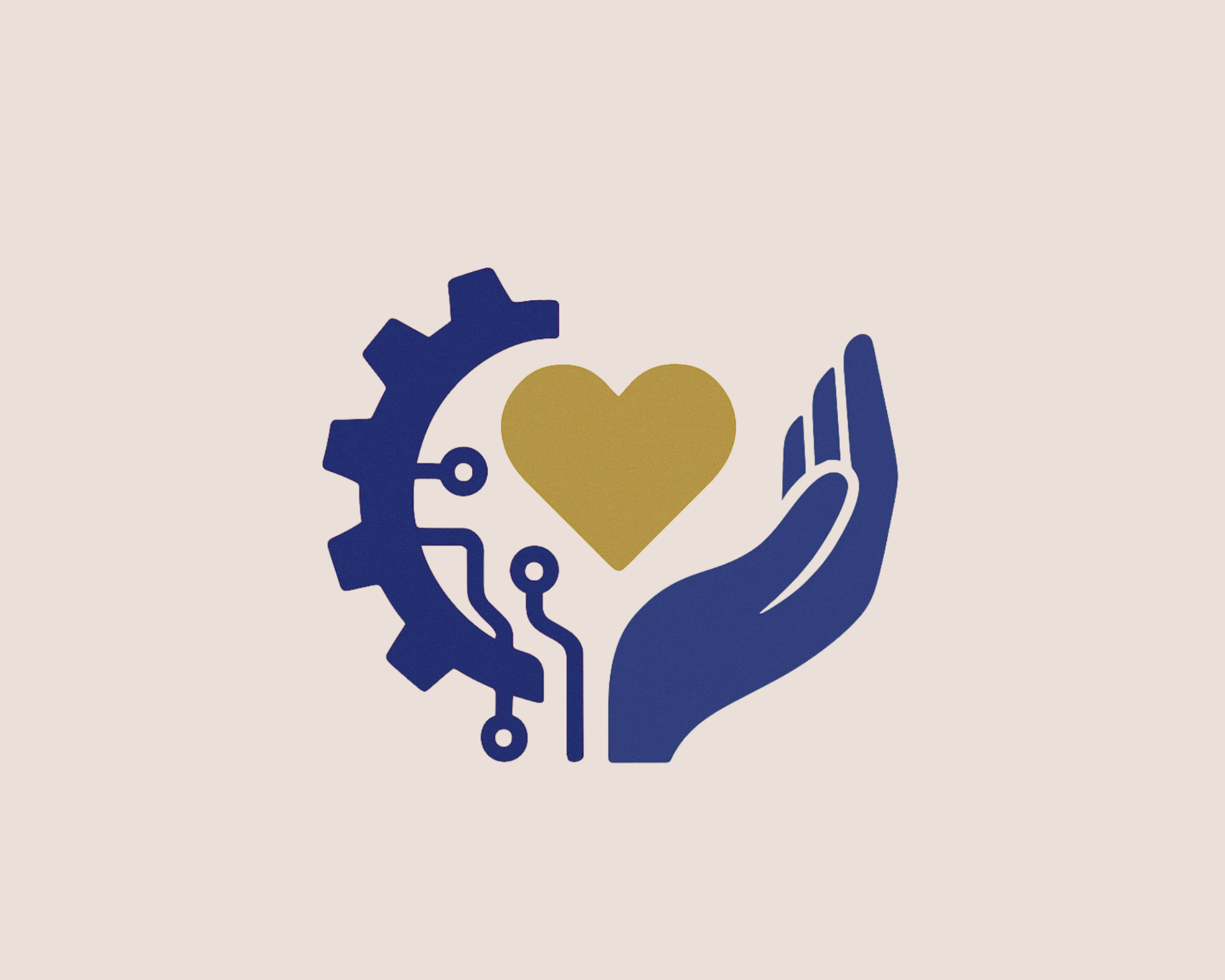Simbolo stilizzato di una mano blu che sostiene un cuore dorato, con sfondo chiaro, combinando elementi di tecnologia e cura.