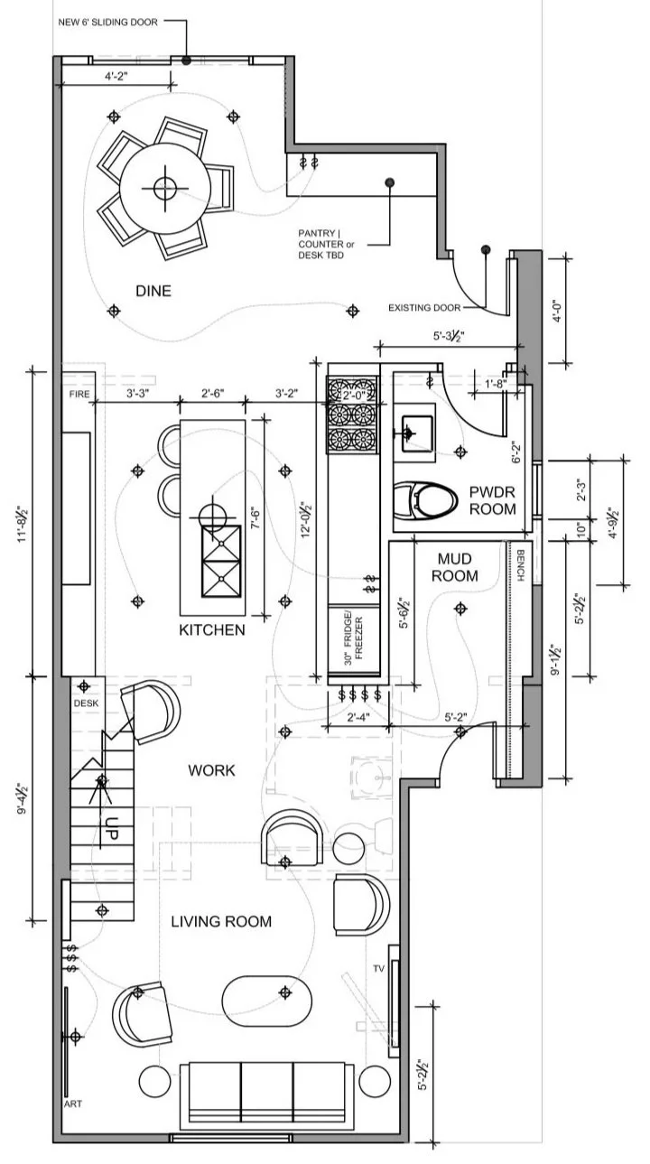 Floor plan of a house interior showing a living room, work area, kitchen, pantry, dine area, mudroom, powder room, and closet, with various measurements and layout details.