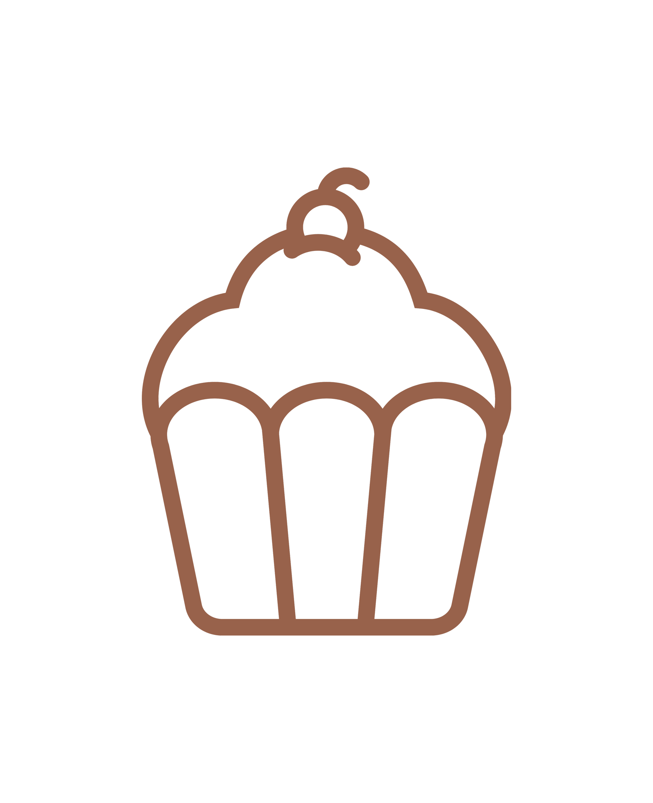 Outline of a cupcake with frosting and a cherry on top, drawn with brown lines on a black background.