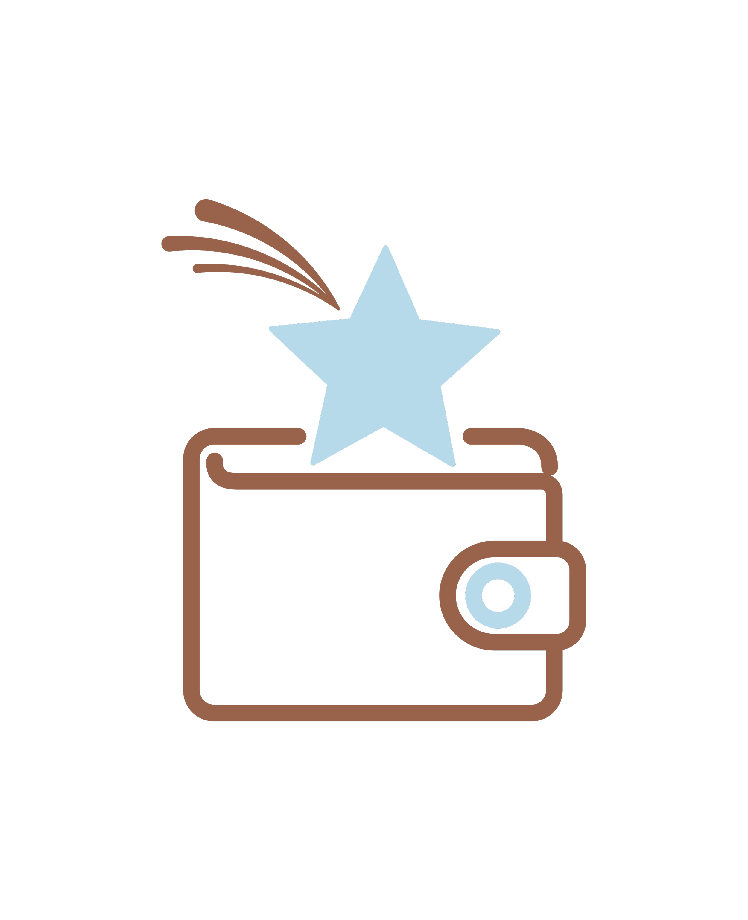 A minimalistic illustration of a wallet with a light blue star emerging from it, with brown lines representing motion or explosion.
