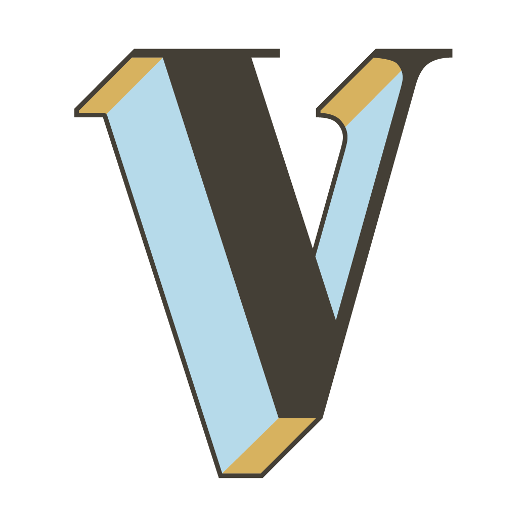 3D letter V in black, light blue, and gold colors.