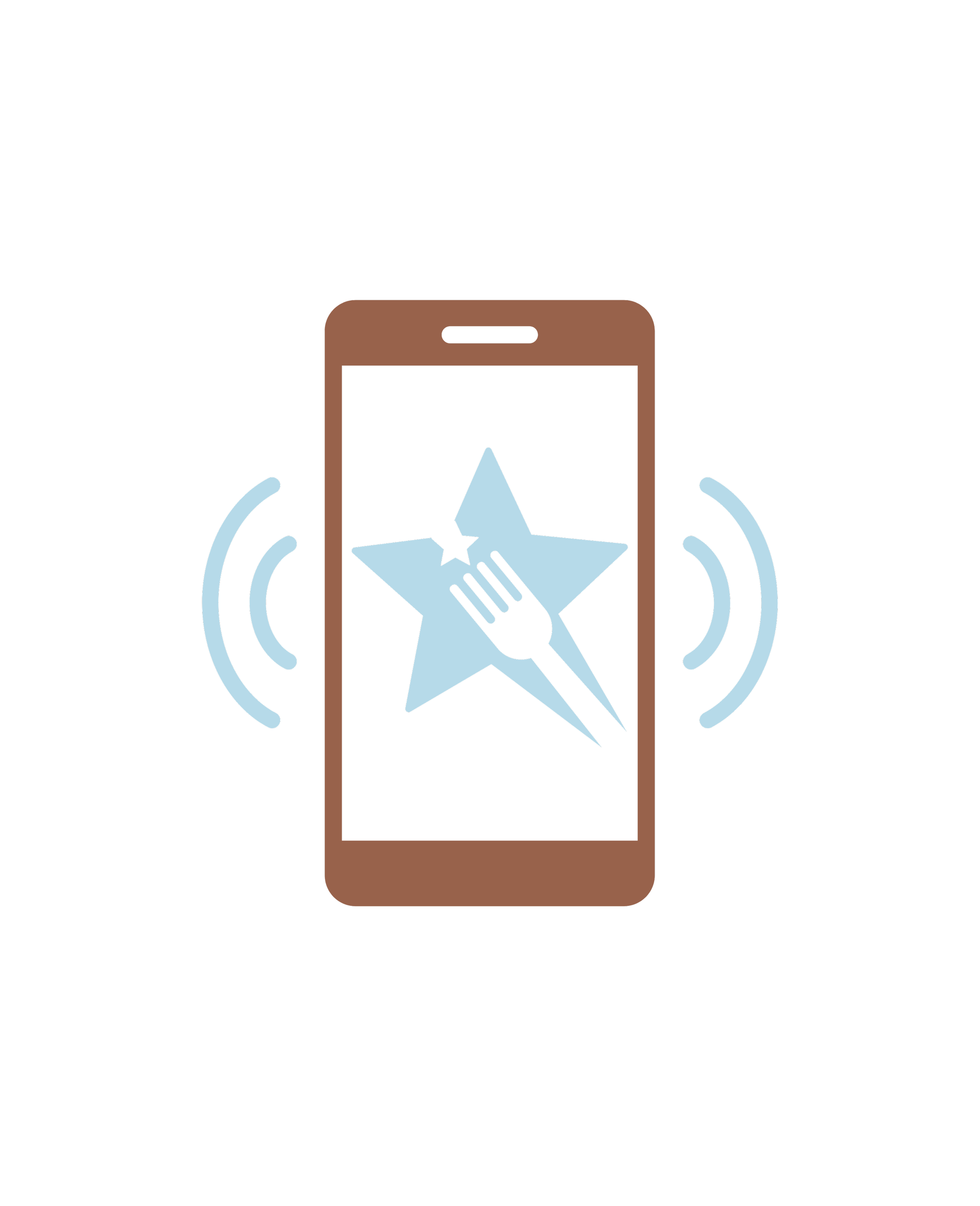 Smartphone with a star on the screen and a fork, indicating a food review or restaurant app, with signal waves on either side.