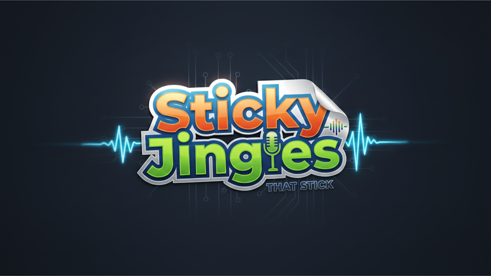 Colorful logo reading 'Sticky Jinges that stick' with sound wave line in the background.