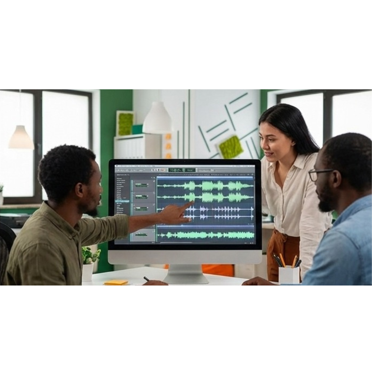 Three people working on audio editing on a computer in an office.