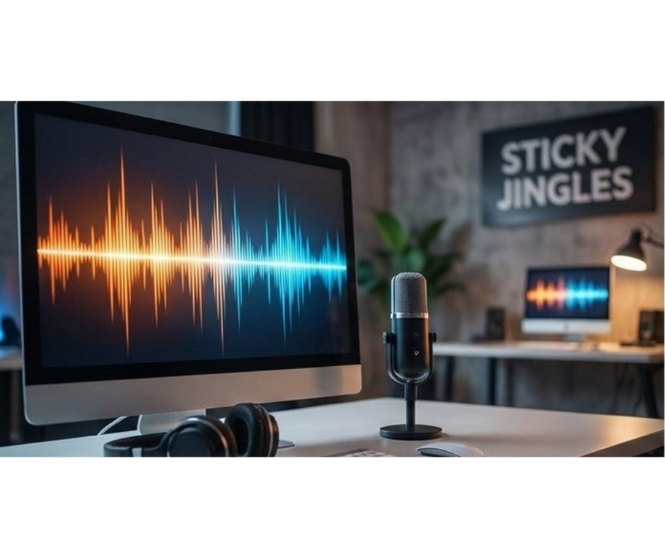 Recording studio setup with a computer monitor displaying a colorful audio waveform, a microphone on a stand, headphones, and a second computer in the background. There's also a sign on the wall that says 'Sticky Jingles'.