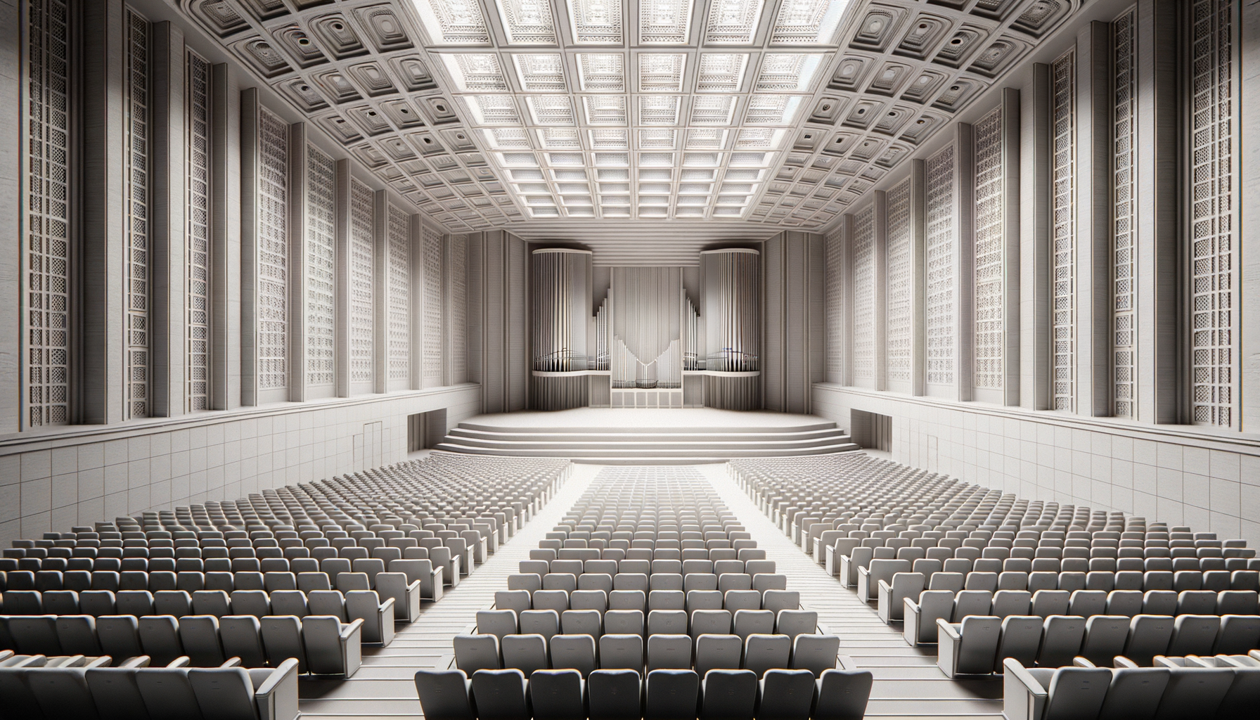 A large, grand auditorium with rows of empty seats facing a stage with an organ at the back and decorative wall panels.